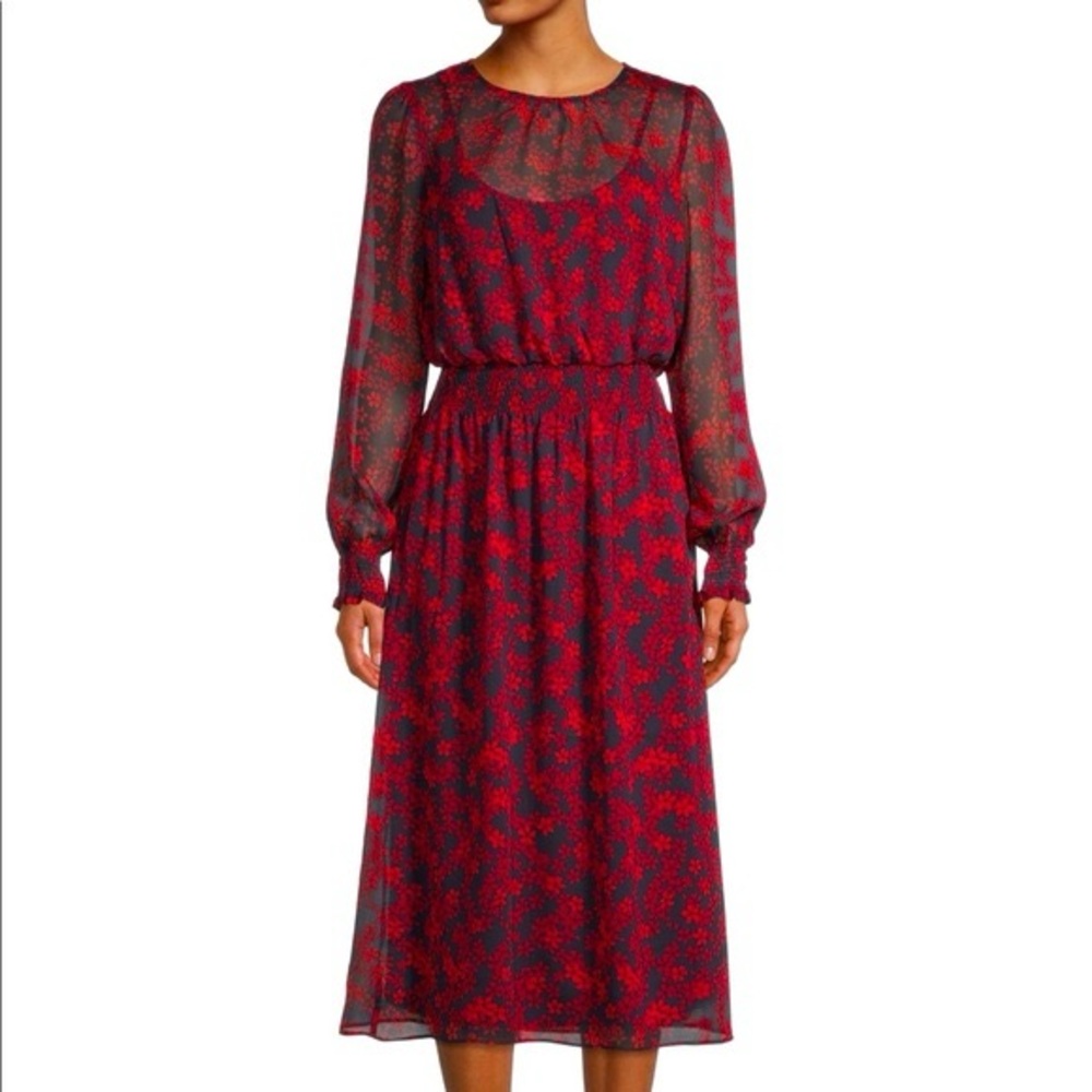 TOMMY HILFIGER Floral Red Navy Blue Long Sleeve Midi Dress w Smocked Waist